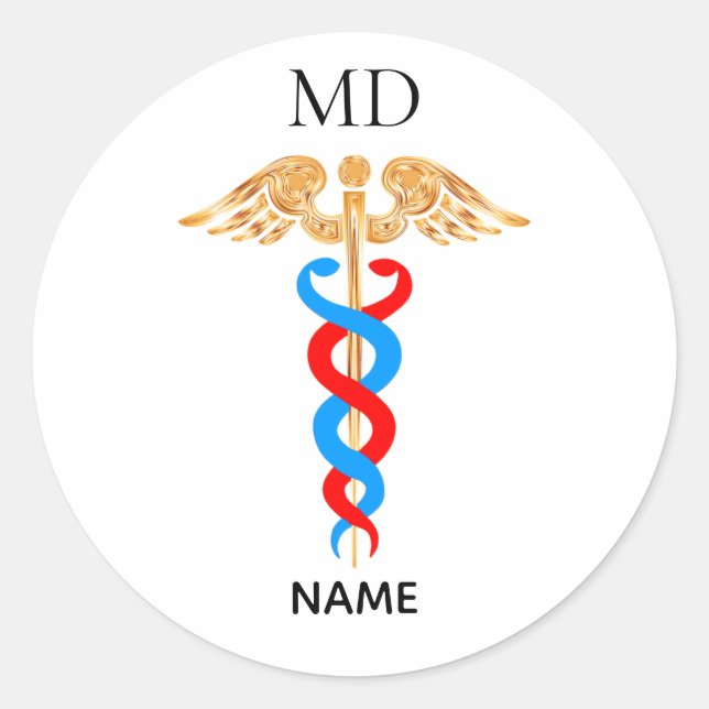 Sticker Rond Symbole de Caduceus et monogramme de Docteur Médic (Devant)
