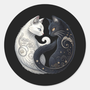 Sticker Rond Symbole de chat mystique Yin Yang noir et blanc po