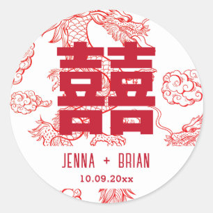 Sticker Rond Symbole de double bonheur de style dragon blanc de