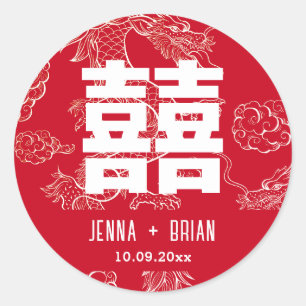 Sticker Rond Symbole de double bonheur de style dragon rouge