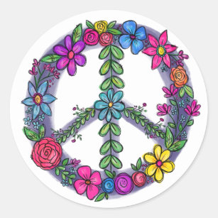 Sticker Rond SYMBOLE DE LA Paix Fleurs anti-guerre