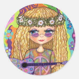 Sticker Rond Symbole de Paix de Guitare violette Chick Hippie C