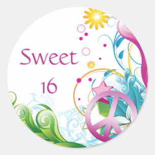Sticker Rond Symbole de Paix Rose Sweet 16 Anniversaire Floral 