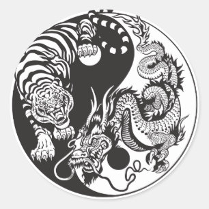 Sticker Rond Symbole du dragon chinois et du tigre yin yang
