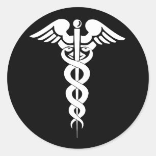 Sticker Rond Symbole Médicale de Caduceus noir et blanc
