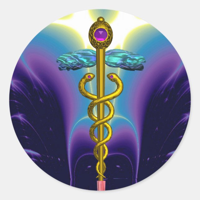 Sticker Rond Symbole Médicale OR CADUCUS Vibrant violet bleu (Devant)