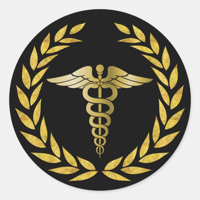 Sticker Rond Symbole Médicale Royal Gold Caduceus (Devant)