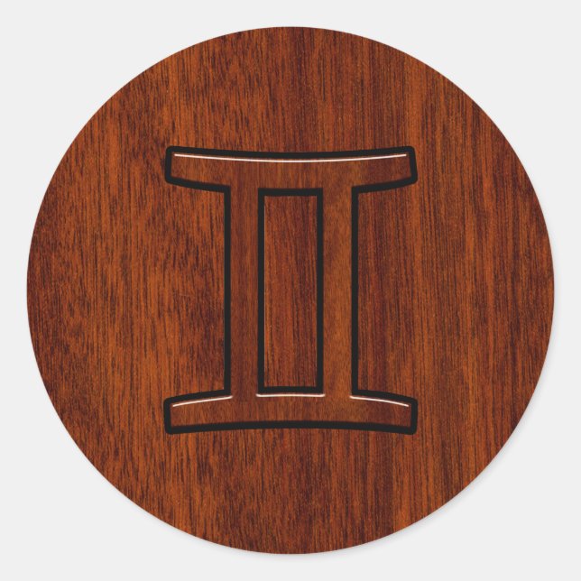 Sticker Rond Symbole moderne Gemini Zodiac sur l'acajou comme i (Devant)