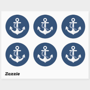 Sticker Rond Symbole nautique d'ancre Classique Blanc Bleu mari
