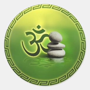 Sticker Rond Symbole OM avec pierres zen sur vert doux