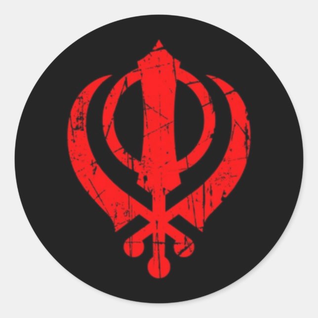 Sticker Rond Symbole rouge sikh khanda griffé sur noir (Devant)