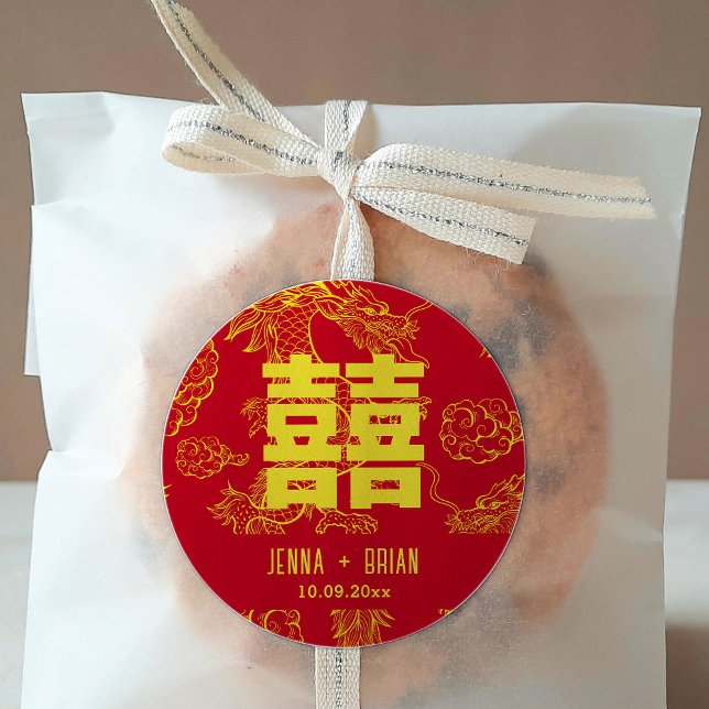 Sticker Rond Symbole style Dragon Double Bonheur Rouge+Or (Créateur téléchargé)