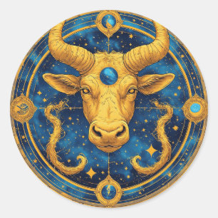 Sticker Rond Symbole Taureau Doré Sur Cercle Bleu