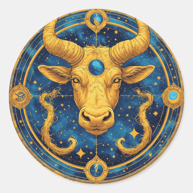 Sticker Rond Symbole Taureau Doré Sur Cercle Bleu (Devant)