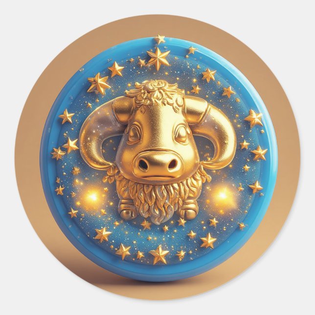 Sticker Rond Symbole Taureau Doré Sur Cercle Bleu (Devant)