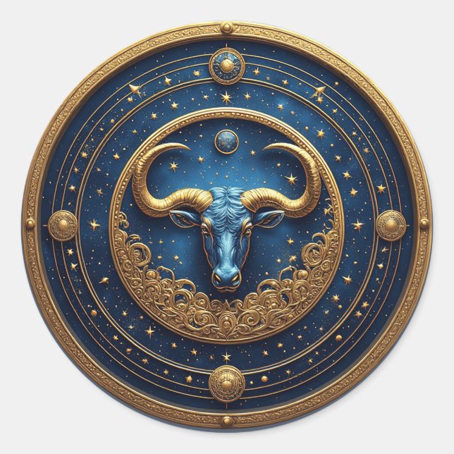 Sticker Rond Symbole Taureau Doré sur Cercle Bleu (Devant)