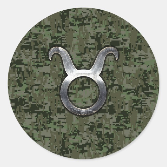 Sticker Rond Symbole Taurus Zodiac sur Camo numérique vert (Devant)