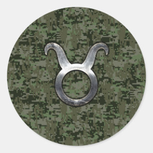 Sticker Rond Symbole Taurus Zodiac sur Camo numérique vert