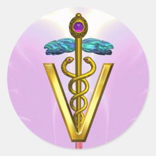 Sticker Rond SYMBOLE VÉTÉRINAIRE D'OR CADUCE Rose Blanc