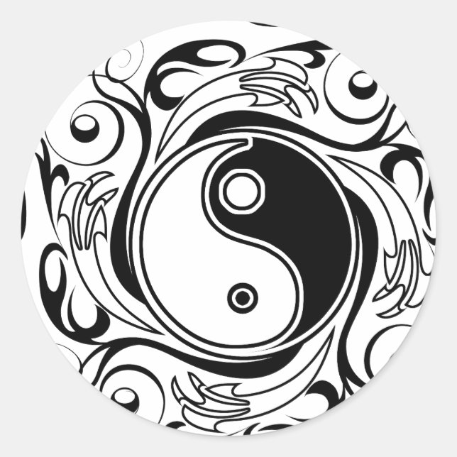 Sticker Rond Symbole Yin et Yang Style tatouage noir et blanc (Devant)