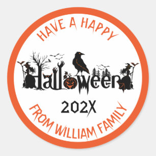 Sticker Rond Symboles Halloween conception texte personnalisé