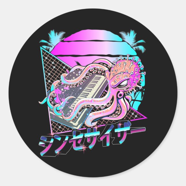 Sticker Rond Synthétiseur Octopus Vaporwave Kraken Synth analog (Devant)