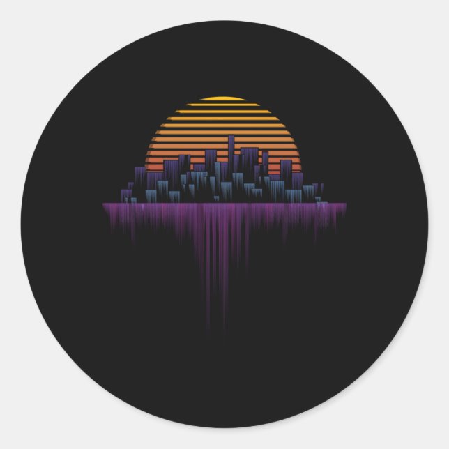 Sticker Rond Synthwave Outrun Vaporwave Ville Esthétique (Devant)