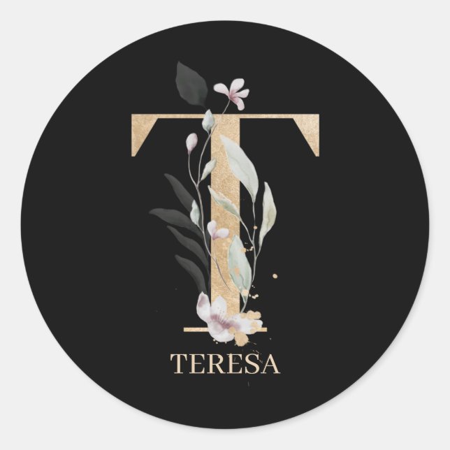 Sticker Rond T Monogramme Floral Personnalisé (Devant)
