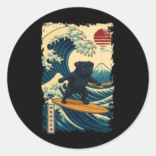 Sticker Rond T Pug noir Vague japonaise de Kanagawa Surf Maman