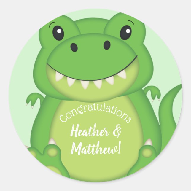 Sticker Rond T-Rex Dinosaur Baby shower vert (Devant)