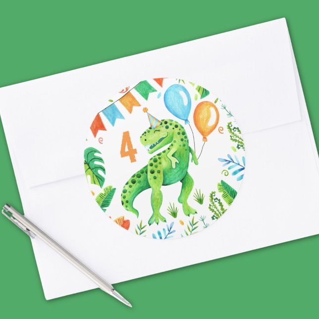Sticker Rond T rex Dinosaur Boys Anniversaire (T rex Dinosaur Boys Birthday Watercolor Classic Round Sticker)