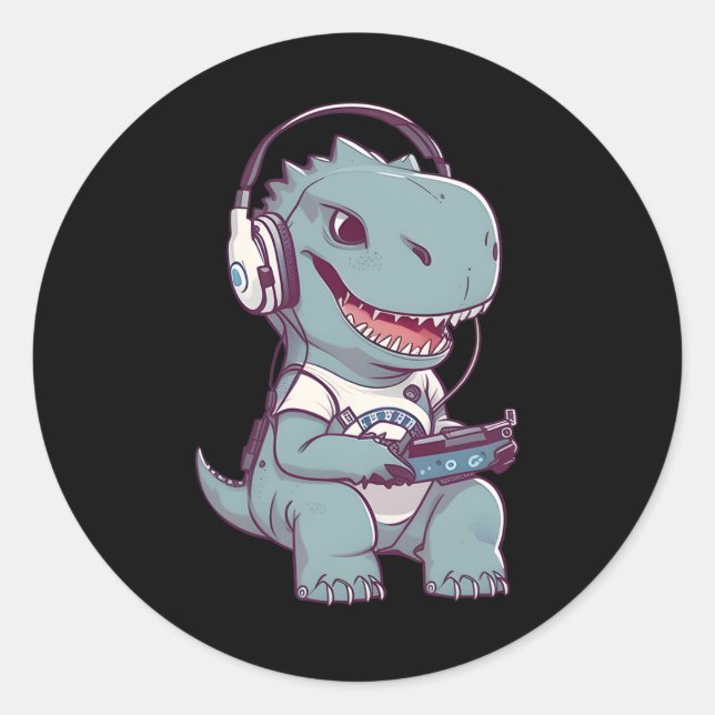 Sticker Rond T. Rex-dinosaur Jouer Jeu Vidéo Jeu Gamer Pl (Devant)