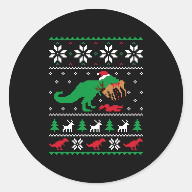 Sticker Rond T Rex Eating Reindeer Funny Dinosaur Christmas Ugl (Devant)