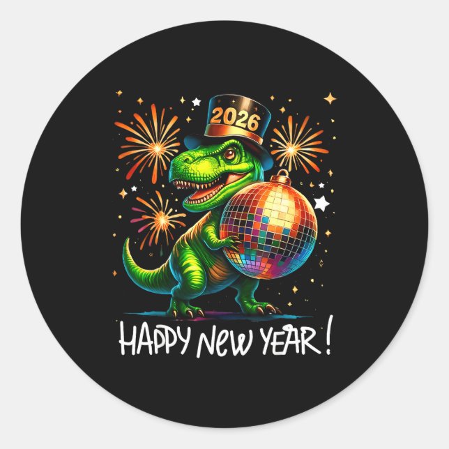 Sticker Rond T Rex Happy New Year 2026 Disco Ball Fireworks Tee (Devant)