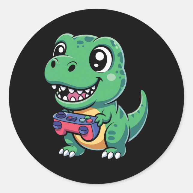 Sticker Rond T-Rex Heureux Avec Manette De Jeu Dinosaure De Jeu (Devant)