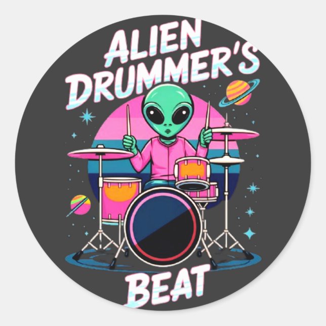 Sticker Rond T-shirt Alien Drummer's Beat - Funky Alien Graphic (Devant)