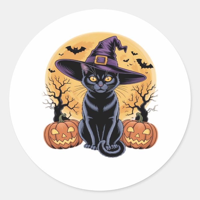 Sticker Rond T-shirt Citrouille essentiel Halloween Chat (Devant)