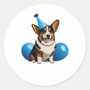 Sticker Rond T-shirt classique d'anniversaire de Corgi bleu