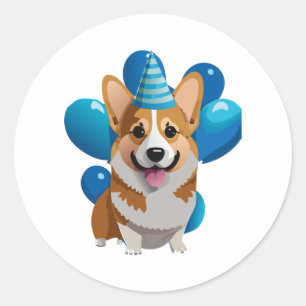 Sticker Rond T-shirt classique d'anniversaire de Corgi bleu (1)