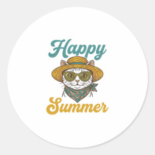 Sticker Rond T-shirt design vintage gravure chat d'été heureux_