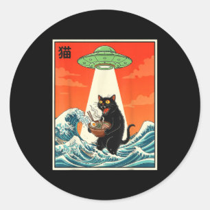 Sticker Rond T-shirt drôle d'anime japonais Ramen de chat Ufo p