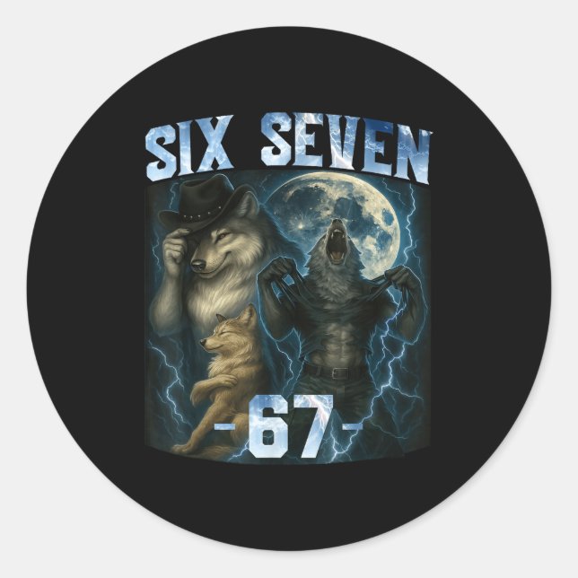 Sticker Rond T-shirt graphique drôle 67 Alpha Wolf Six Sept Hum (Devant)