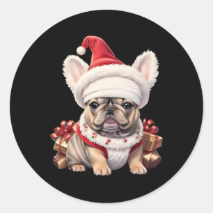 Sticker Rond T-shirt Joyeux Noël Chapeau de Père Noël Bulldog F