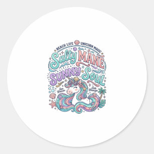 Sticker Rond T-Shirt Licorne Crinière Salée Âme Ensoleillée Sty