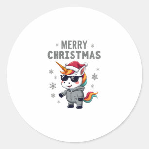 Sticker Rond T-Shirt Licorne de Noël avec Chapeau de Père Noël