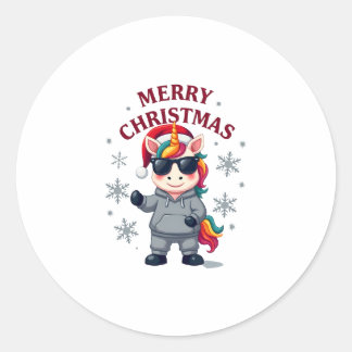 Sticker Rond T-Shirt Licorne de Noël Chapeau de Père Noël