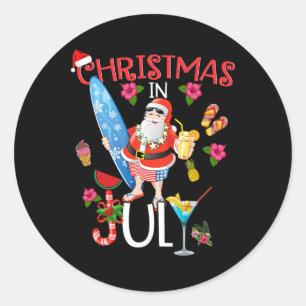 Sticker Rond T Shirt Noël en Juillet Drôle de Père Noël Été Pla