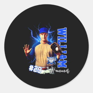 Sticker Rond T Shirt Photo Joueur de Baseball Bleu Un Avec Nom 