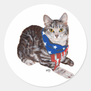 Sticker Rond Tabby Cat Patriotique Américain Shorthair