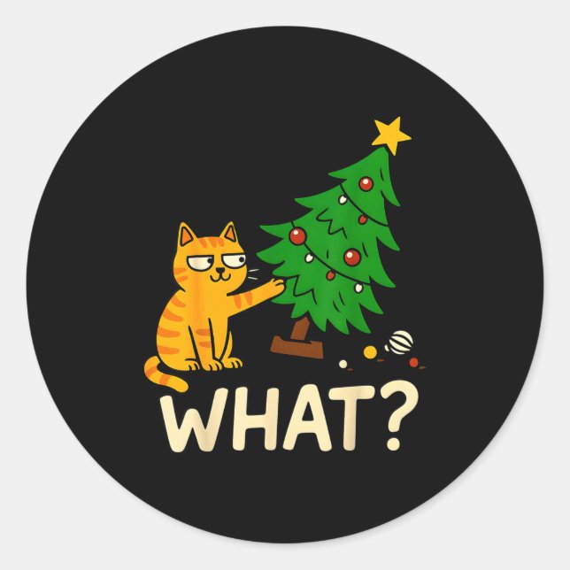 Sticker Rond Tabby Cat Xmas Cat Pushing Christmas Tree Over Cat (Devant)